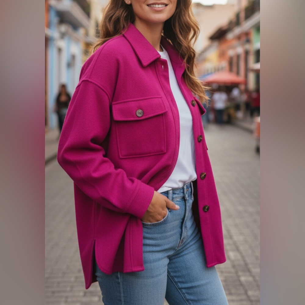 NWT Gee Gee Women's Size S Oversized Fuchsia Button-Down Fleece Jacket